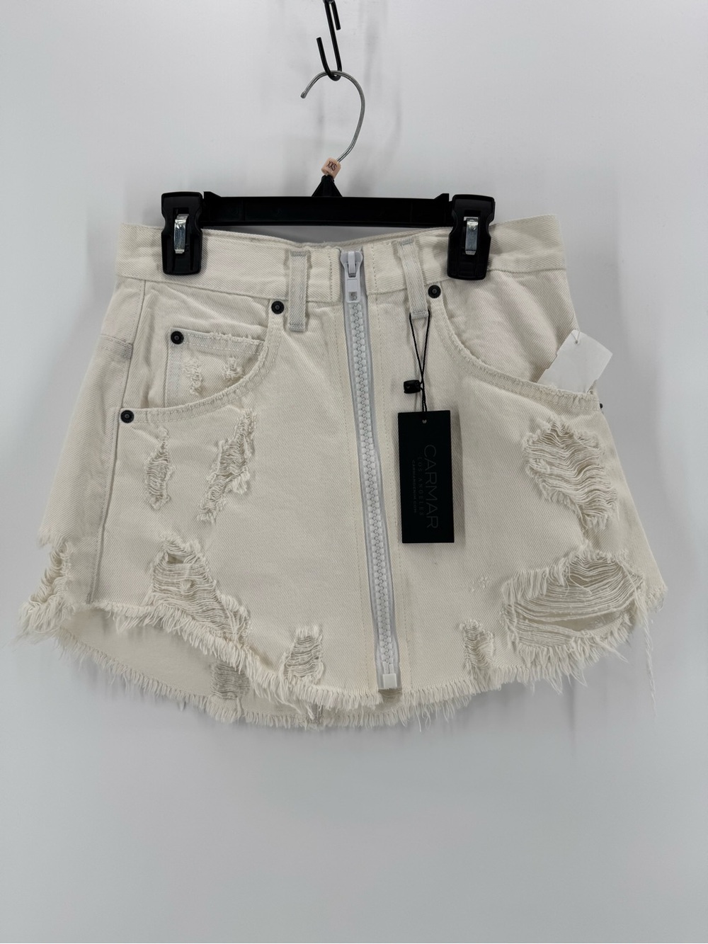 CARMAR White Beatrice Distressed Zip-Front Denim Mini Skirt